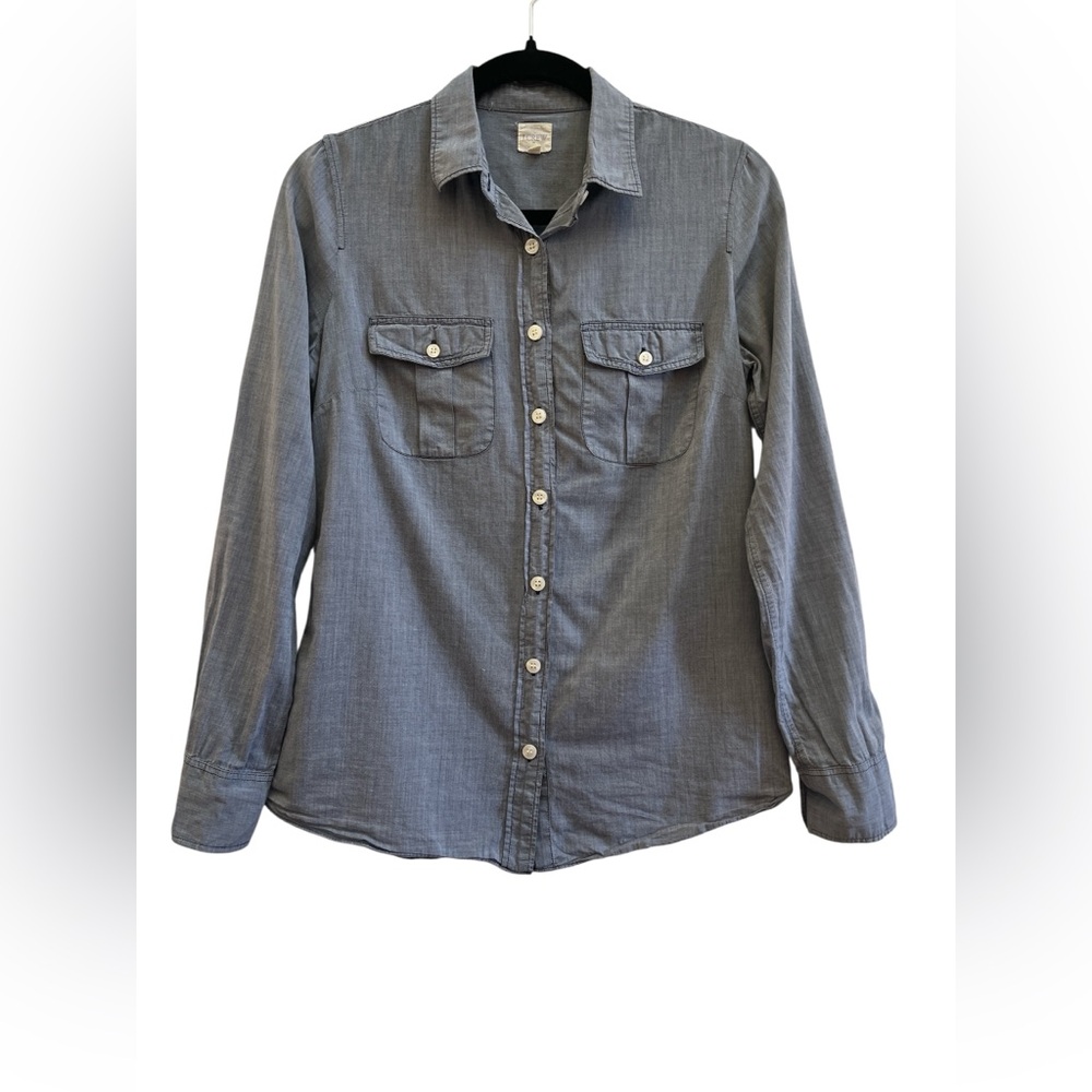J. Crew Gray Chambray Cotton Button Front Shirt Utility Pockets XS